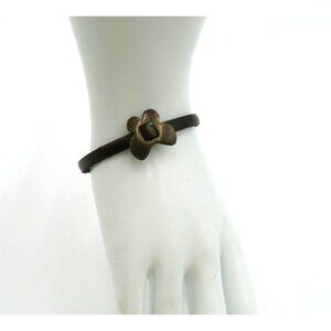 Brown Leather Bracelet Antique Brass Flower‎ Charm Magnetic Clasp Boho